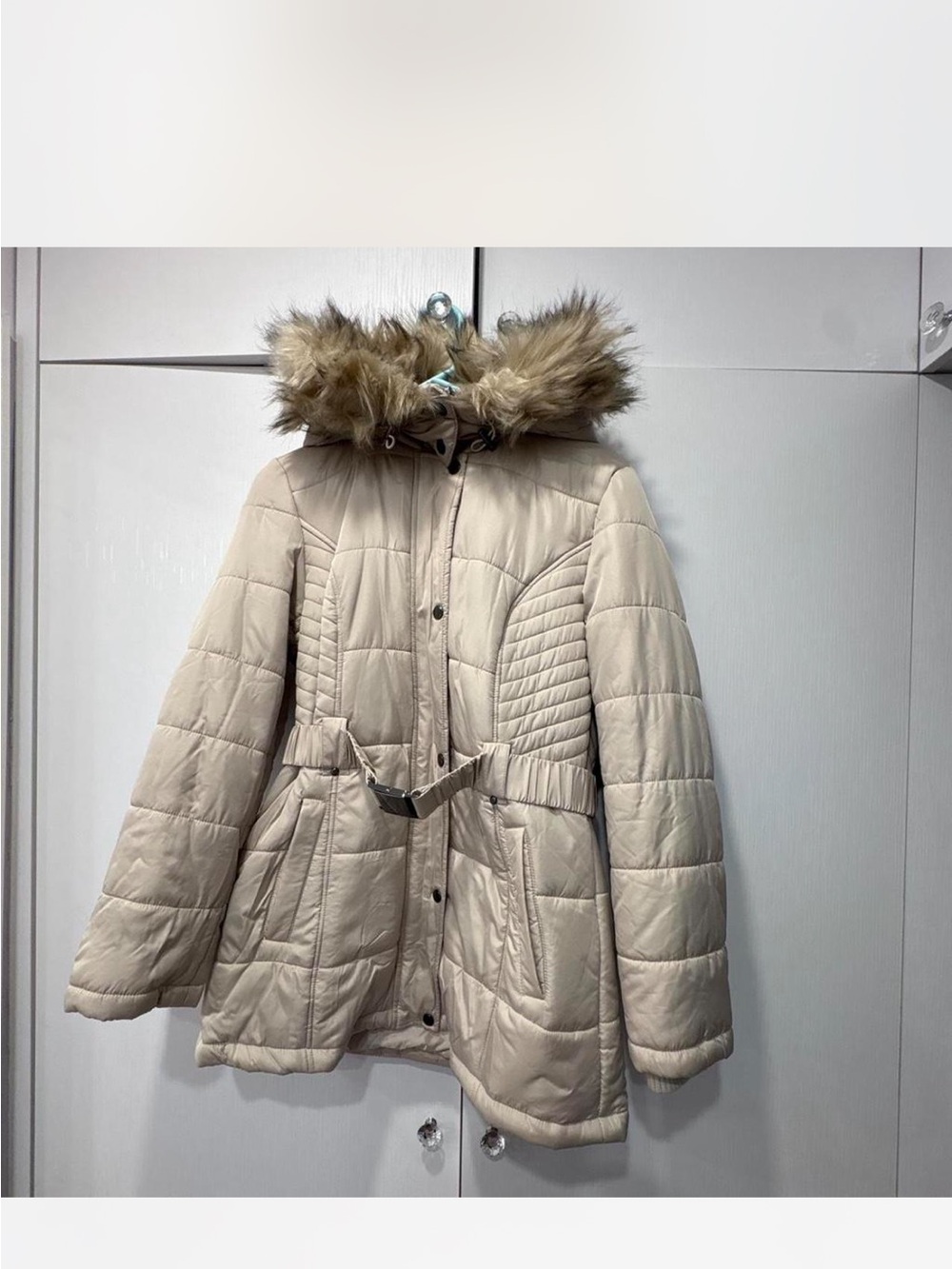 Cream Quilted Hooded Puffer Coat with Faux Fur Trim and Belt